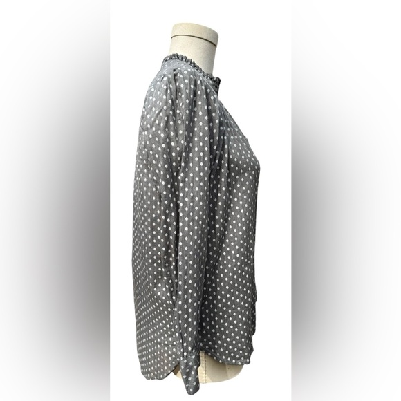 NWT LOFT Petite Small Dotted Ruffle Collar Long Sleeve Button Down Blouse, gray - Picture 9 of 14